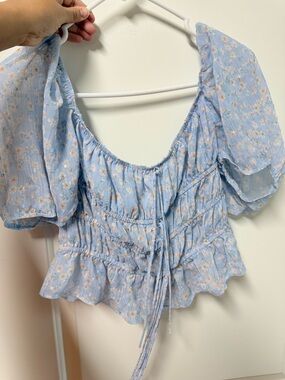 Sabo Skirt Light Blue Floral Puff-Sleeve Smocked Crop Top